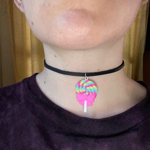 Homemade! Black leather choker with blue pink and green lollipop accessory 🍭🍭